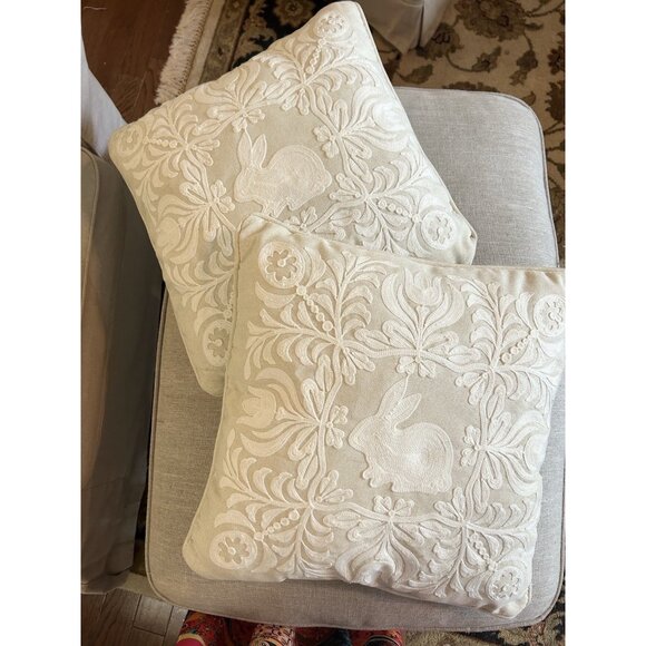 Set Of 2 Ivory Embroidered 18” Bunny Rabbit Pillows. - Spring Cottagecore Accent - Picture 6 of 11